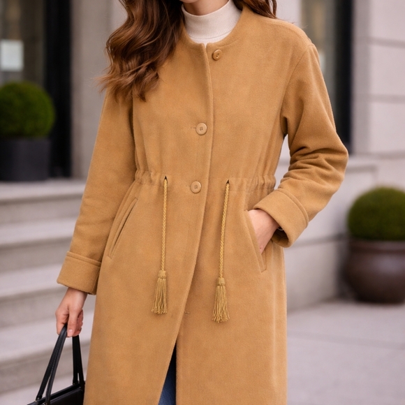 Vintage Jackets & Blazers - Vintage Camel Drawstring-Waist Trench Coat